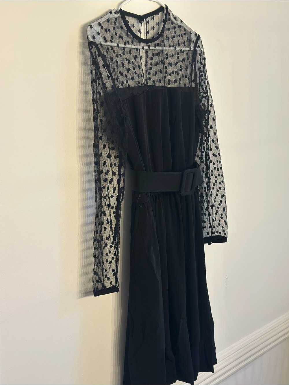 Vintage Evan Picone Black Sheer Polka Dot Belted Dress Size 12 Made in USA